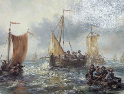 Lazlo VIGYAZO (né en 1945) 
Pêcheurs en haute-mer
Huile...