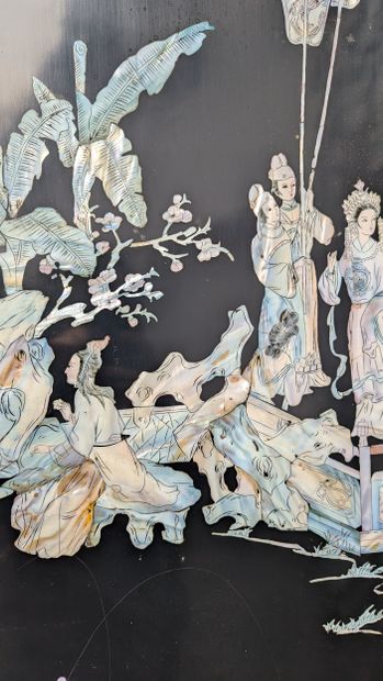 Six-panel screen made of lacquered wood;...