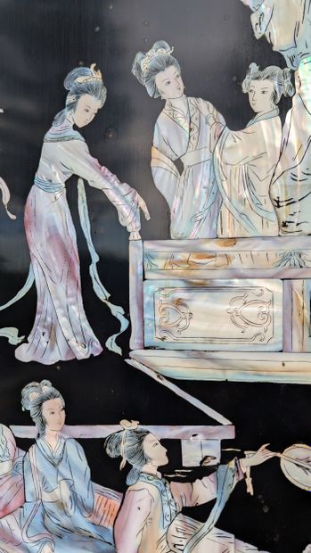 Six-panel screen made of lacquered wood;...
