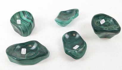 FIVE SMALL MALACHITE CUPS, heart-shaped and...