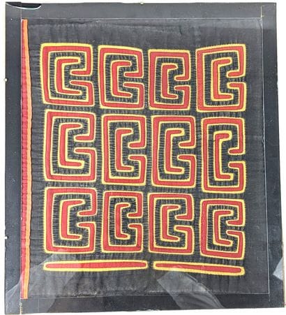 FIVE FABRICS, one of which is edged and decorated...