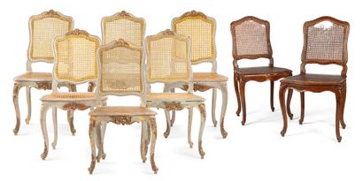 Six chaises cannées en hêtre relaqué et deux...
