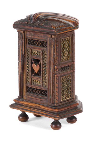 Hexagonal boxwood box, carved, with gilded...