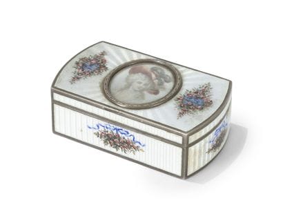 Polychrome enameled silver pill box with...
