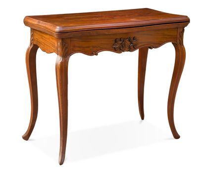 Console games table in wood and veneer, revealing...