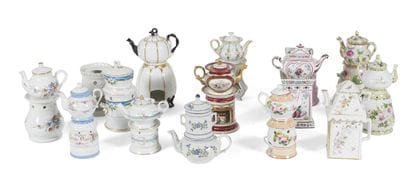 Set of fourteen polychrome and gilded porcelain...