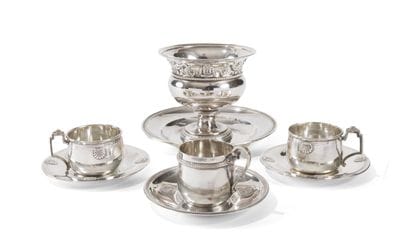 Bowl on pedestal and tray, pair of cups and...
