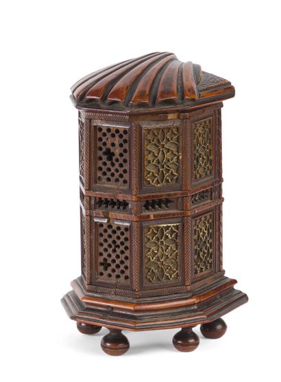 Hexagonal boxwood box, carved, with gilded...