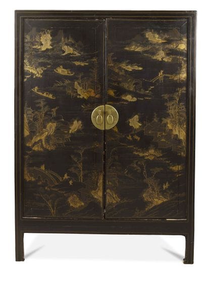 (NOT SOLD) Gilded lacquer cabinet on a black...