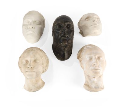 Set of five death masks in painted, patinated...