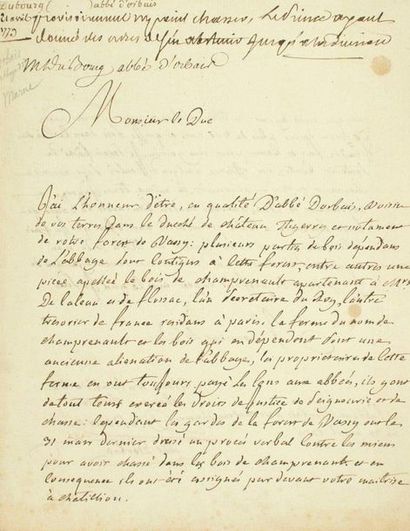 (MARNE). ABBEY OF ORBAIS. 1779. Autograph...