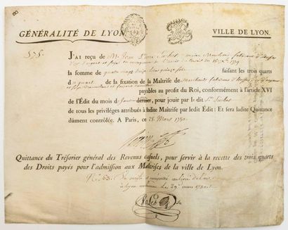 LYON BRISTLES (69). 1780. CORPORATION - Receipt...