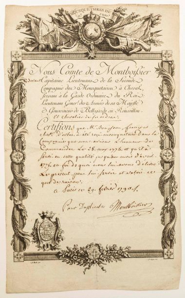 MUSKETEERS OF KING LOUIS XVI. Certificate...