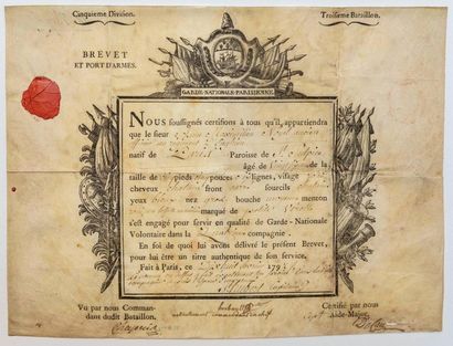 PARISIAN NATIONAL GUARD. 1792. Patent of...