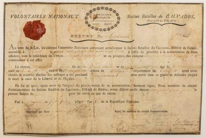 CALVADOS 1792. Patent of lieutenant of the...