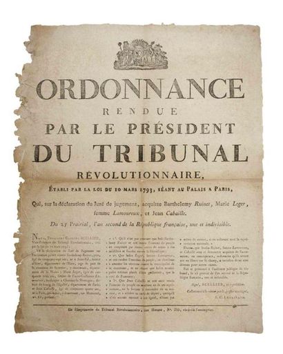 TRIBUNAL RÉVOLUTIONNAIRE de PARIS 1793. Order...