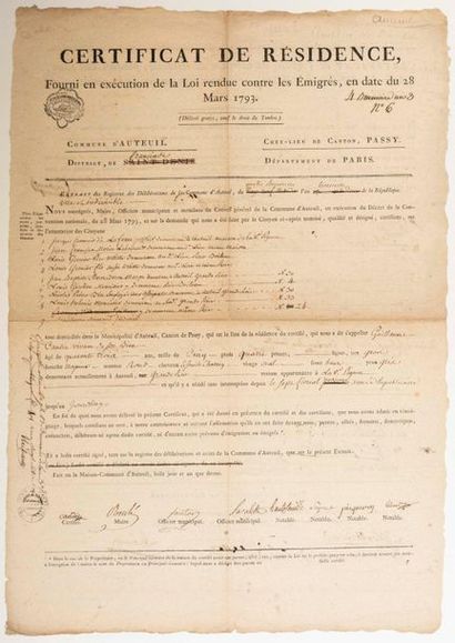 PARIS 1793. AUTEUIL (75). EMIGRATED FOR THE...