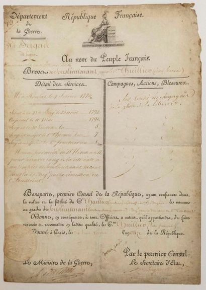 BONAPARTE. 1803. BREVET DE SOUS LIEUTENANT...