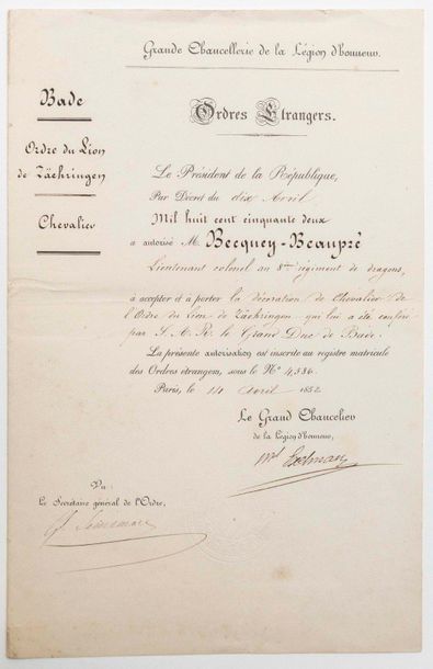 LÉGION D'HONNEUR. 1852. Ordres Étrangers....