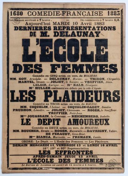 COMÉDIE FRANÇAISE 1883. MOLIÈRE, RACINE.
Affiche...