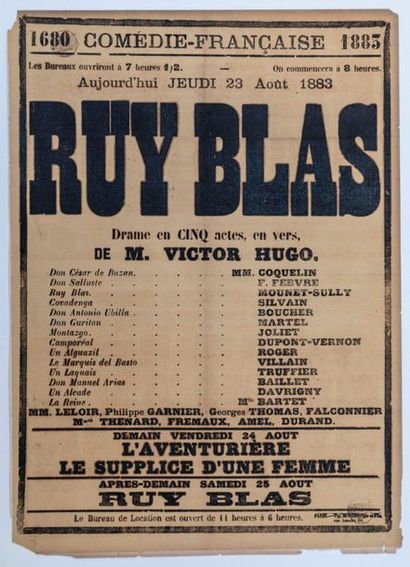 COMÉDIE FRANÇAISE 1883. Victor HUGO.
Affiche...
