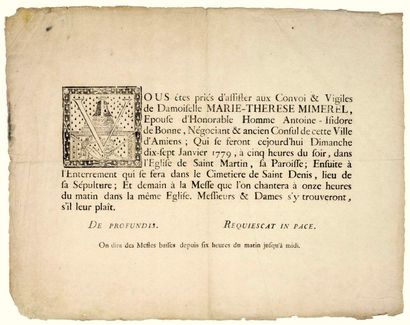 1779. AMIENS (80). Mortuary poster: 