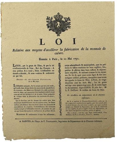 REVOLUTION. 1791. CURRENCY. Law of 22 May...