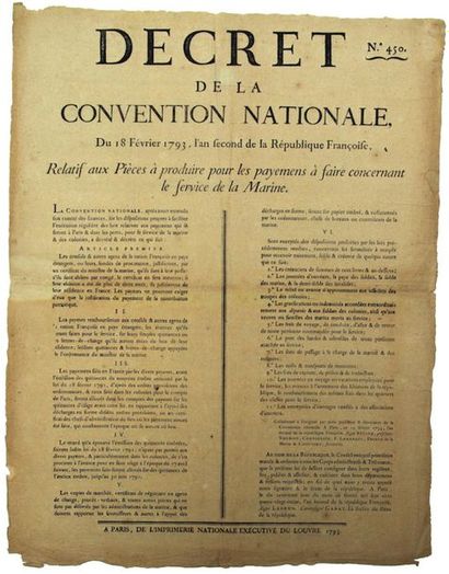 PARIS. 1793. SERVICE DE LA MARINE. Decree...