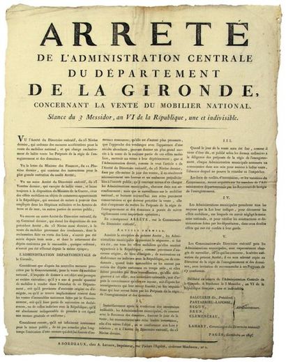 AN 6. GIRONDE. NATIONAL FURNITURE. Arrêté...