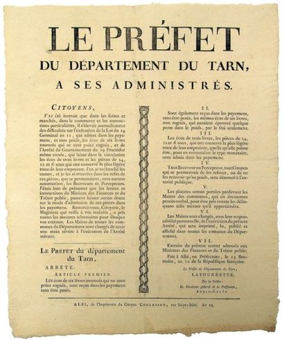 TARN. 1803. CURRENCY. Decree of the Prefect...