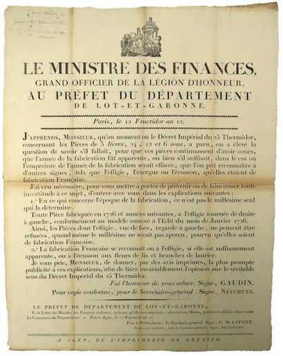 AN 12. LOT-ET-GARONNE. CURRENCY. GAUDIN Minister...
