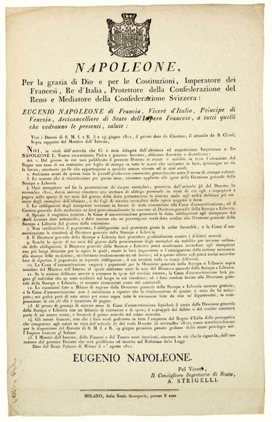 ITALY. 1811. PRESS & BOOKSHOP. Decree at...