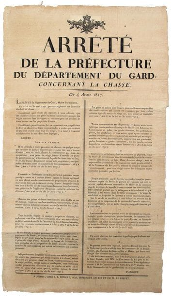 GARD. 1817. HUNT. Decree of the Prefecture...