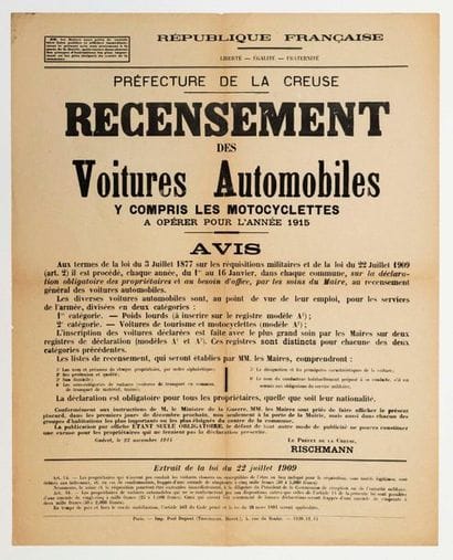 CREAK. WAR 1914/18. Census of Motor Cars...