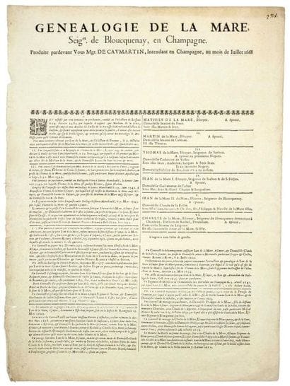 CHAMPAGNE. 1668. GENEALOGY OF THE MARE SEIGNEUR...