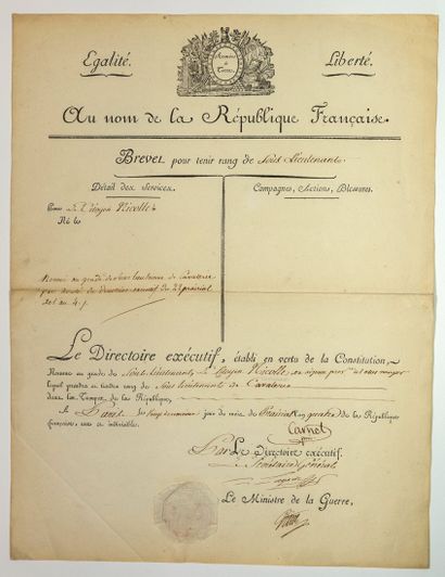 CARNOT. BREVET OF SUBLIBERATE OF CAVALRY...