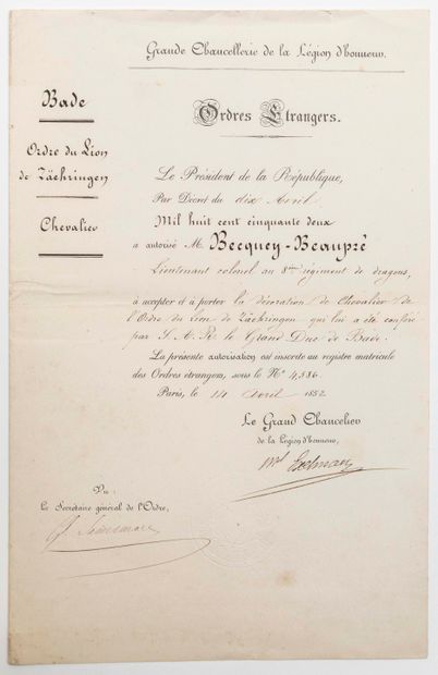 LEGION OF HONOR. 1852. Foreign Orders. Letter...