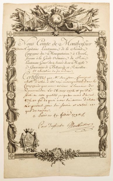 MUSKETEERS OF KING LOUIS XVI. Certificate...
