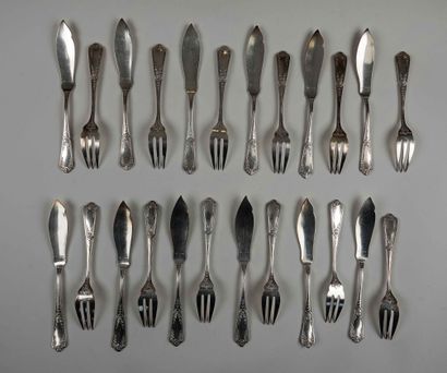12 Ercuis fish cutlery sets in silver plated...