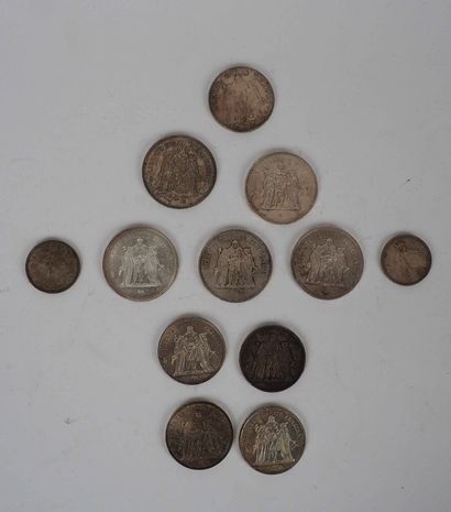 Lot of silver coins : 5 of 50 fr, 5 of 10...