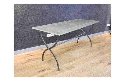 Large table with structure and base in patinated...