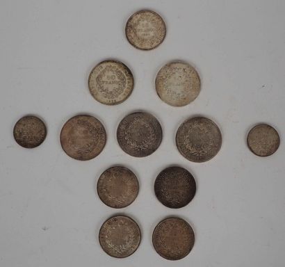 Lot of silver coins : 5 of 50 fr, 5 of 10...