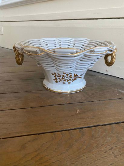 White and gold Paris porcelain cup with basketry...