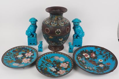 
A lot including 3 plates in champlevé enamels...