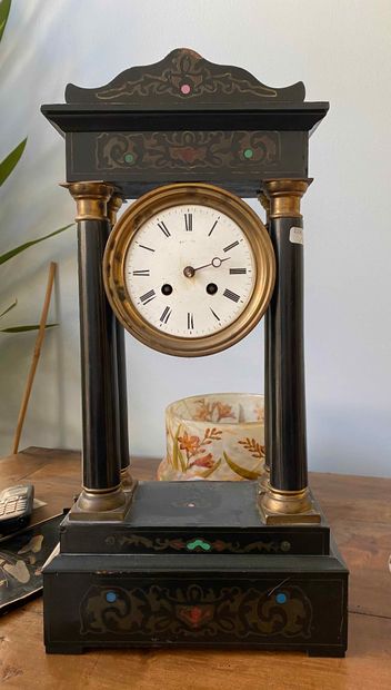 Portico clock in blackened wood with inlays...