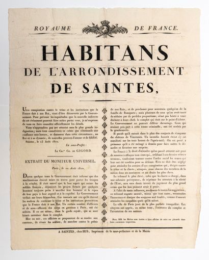 CHARENTE-MARITIME. 1820. Address from Sous-Préfet...