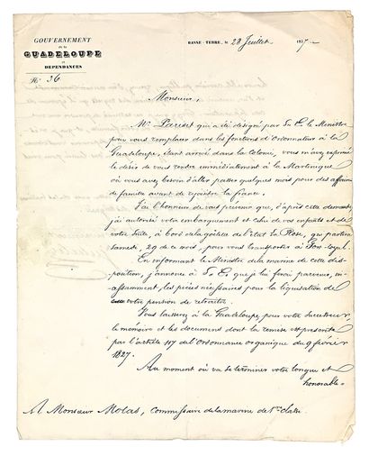 GUADELOUPE. Letter signed Jean JUBELIN (1787-1860)...
