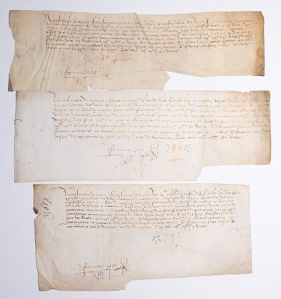 LANGUEDOC. HÉRAULT. 3 15th c. charters, signed...