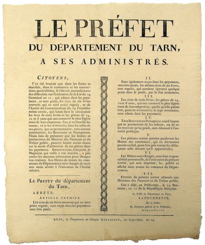TARN. 1803. CURRENCY. Arrêté du Préfet du...