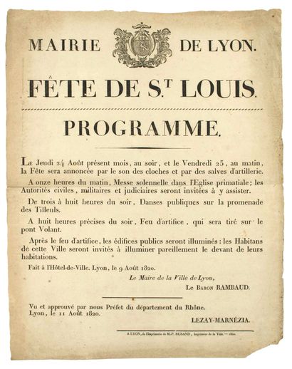 LYON TOWN HALL. 1820. PROGRAM OF SAINT LOUIS'S...